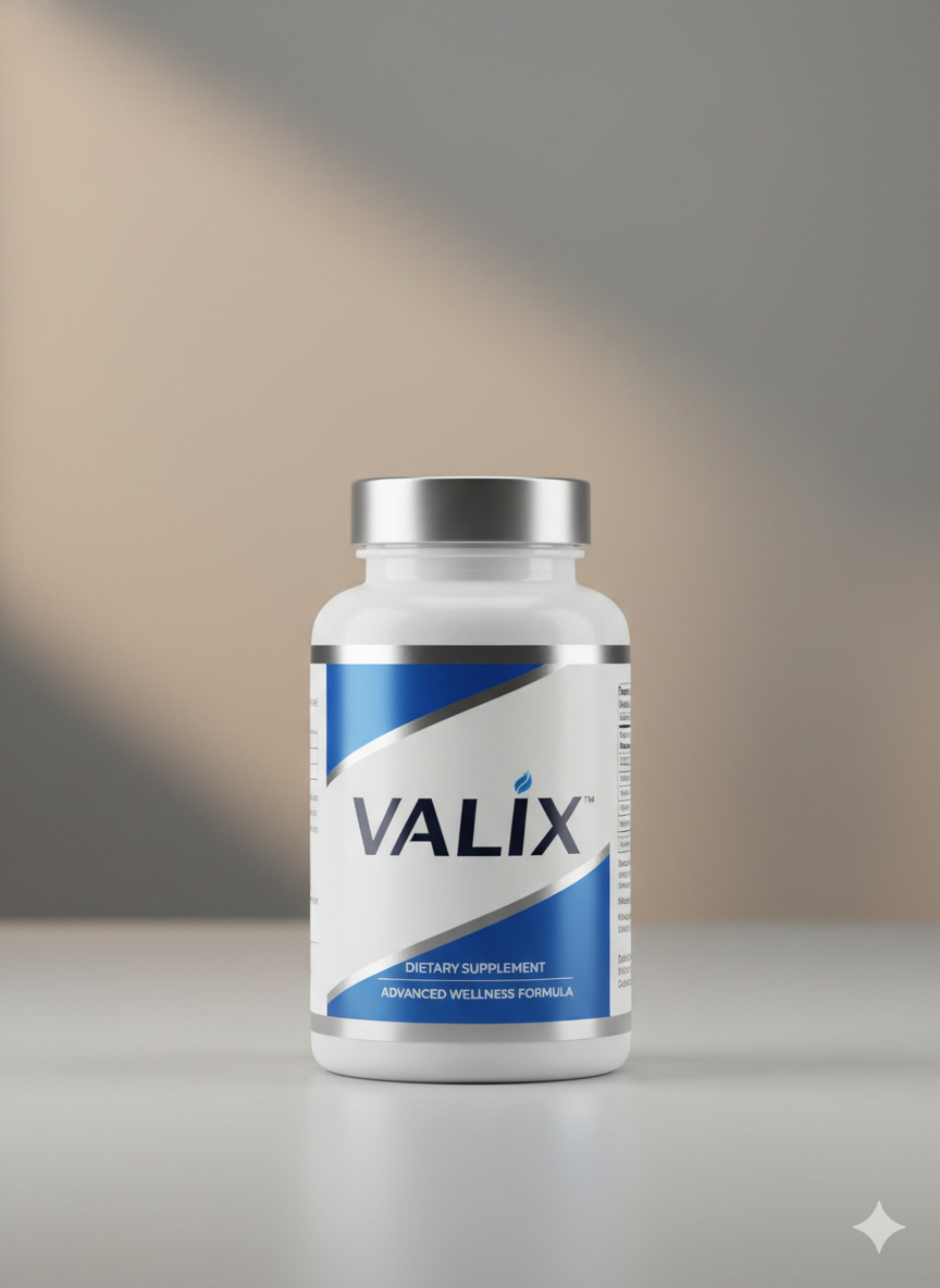 Valix supplement bottle on a neutral surface with soft studio lighting